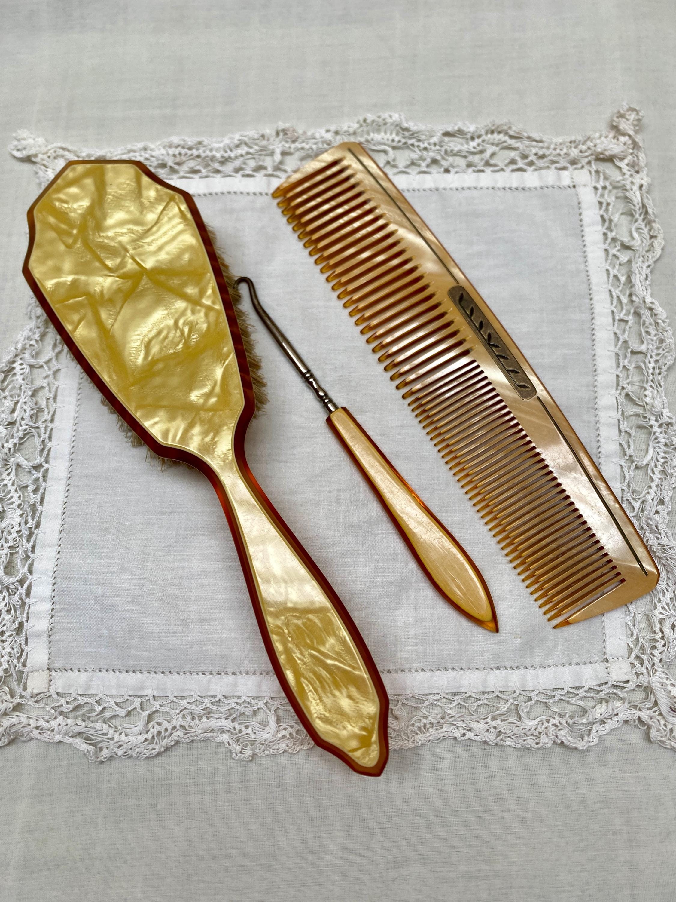 Vintage Celluloid Vanity Set: Hair Brush, Dupont Comb, Button Hook