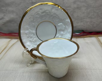 Vintage Royal Stafford Old English Old Oak DEMITASSE TEA CUP and Saucer|White and Gold Small Tea Cup