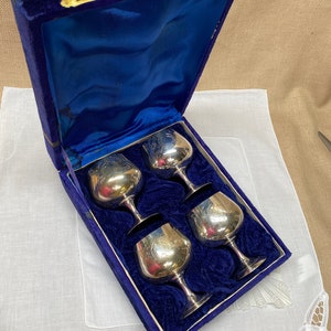 Vintage BRANDY GOBLETS in Original Velvet Lined Box Set of Four|Antique Port Wine or Liquor Goblets EPNS Electro Plated Silver|Barware