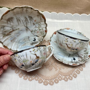 Antique Kutani Eggshell Tea Cup Set: Hand-Painted Blue Heron Porcelain