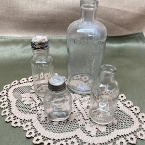 Antique Glass MEDICINE BOTTLES Sold as Set|Glass Listerine Bottle|Antique Bayer Aspirin Bottle with Lid|Collectible Lambert Pharmacy Bottles