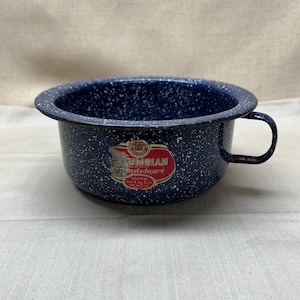 Vintage ENAMELWARE Blue Speckeled Pot with Handle | Large Deep Bowl Enamel Ware Pots and Pans| Blue and White Enamel