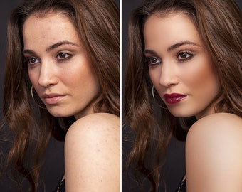 May include: Before and after photo of a person's face showing the effects of makeup. The person has brown hair and is wearing a dark top. The before photo shows the person's skin with blemishes and the after photo shows the person's skin with makeup applied.