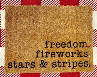 Hand-Painted Patriotic Doormat – Freedom, Fireworks, Stars & Stripes