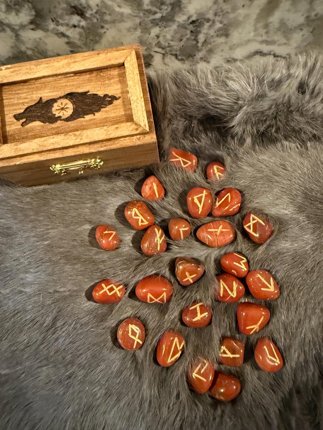 Gemstone Rune Set: Elder Futhark Runes With Fenrir Etched Wooden Box - Etsy