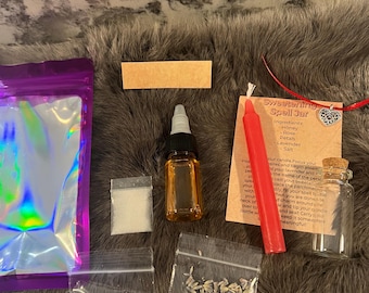 May include: A spell jar kit containing a red candle, a small glass bottle, a bag of white crystals, a bag of dried lavender, a bag of rose petals, and a small bottle of oil. The kit includes instructions for a sweetening spell.