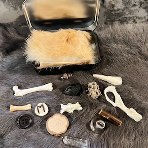 May include: A collection of small objects in a tin box, including bones, a button, a wooden disc, a crystal, a metal bell, a piece of fur, and a rune. The objects are arranged on a gray fur surface.