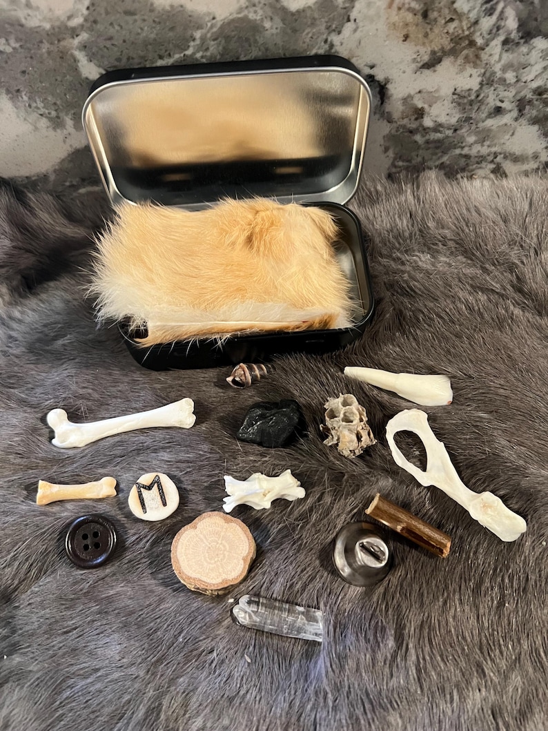May include: A collection of small objects in a tin box, including bones, a button, a wooden disc, a crystal, a metal bell, a piece of fur, and a rune. The objects are arranged on a gray fur surface.