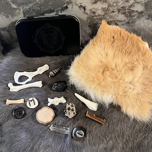 May include: A collection of various objects, including bones, a shell, a small wooden circle, a button, a metal charm with the letter "M", a honeycomb, a crystal, a black button, a piece of wood, a small metal tube, and a piece of fur. The objects are arranged on a gray fur surface.