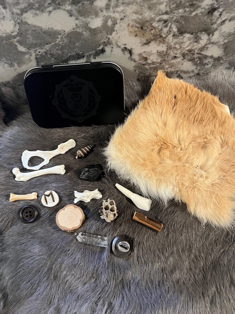 May include: A collection of various objects, including bones, a shell, a small wooden circle, a button, a metal charm with the letter "M", a honeycomb, a crystal, a black button, a piece of wood, a small metal tube, and a piece of fur. The objects are arranged on a gray fur surface.