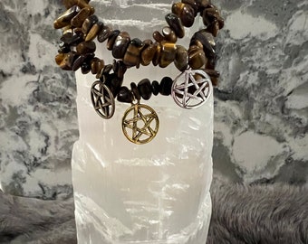 Tiger's Eye Chip Bracelet: Hand Beaded Gemstone Pentacle Charm
