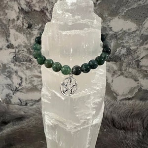 Moss Agate Beaded Bracelet - Hand Beaded Bracelet - Bead Bracelet - Witchy Bracelet - Gemstone Bracelet - Pentacle Bracelet - Magic Bracelet