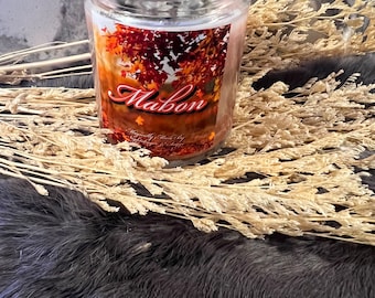 Mabon Sabbat Candle: Beeswax Altar Decor with Herbs & Gemstones
