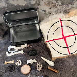 May include: A black metal tin with a variety of small objects, including bones, a shell, a crystal, a button, a wooden disc, a honeycomb, a piece of wood, a crystal, a button, and a piece of wood. The objects are arranged on a white and brown fur surface. A white target with a red bullseye is in the background.