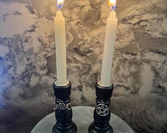 Wooden Chime Candle Holder: Ebony Black Altar Decor with Charm
