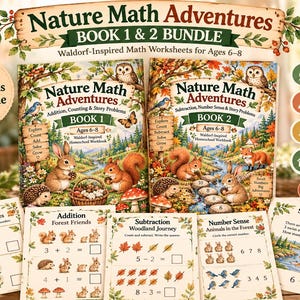May include: A bundle of two Nature Math Adventures workbooks for ages 6-8, featuring illustrated covers with forest animals like owls, rabbits, and squirrels. The set includes worksheets for addition, counting, subtraction, and story problems.