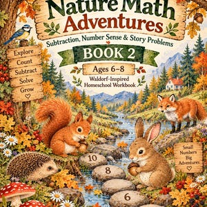 Puede incluir: Una portada de libro de ejercicios Nature Math Adventures Book 2 con una escena de bosque, una ardilla, un erizo, un conejo, un zorro, un búho y un pájaro. El texto dice Nature Math Adventures, Subtraction, Number Sense & Story Problems, Book 2, Ages 6-8, Waldorf-Inspired Homeschool Workbook, Explore, Count, Subtract, Solve, Grow y Small Numbers Big Adventures.