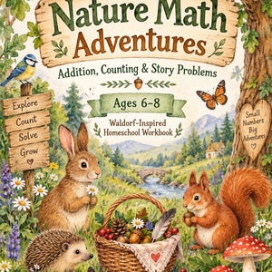 May include: A Nature Math Adventures workbook cover featuring a woodland scene with a rabbit, squirrel, and hedgehog. The text reads Nature Math Adventures, Addition, Counting & Story Problems, Ages 6-8, Waldorf-Inspired Homeschool Workbook.
