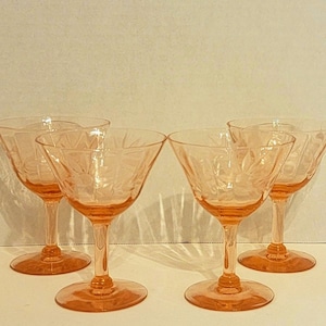 Four (4) Pink Floral Etched Glass Champagnes / Sherbets