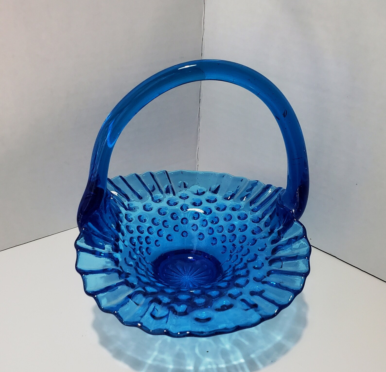 Small Vintage Blue Hobnail Fenton Glass Basket Etsy