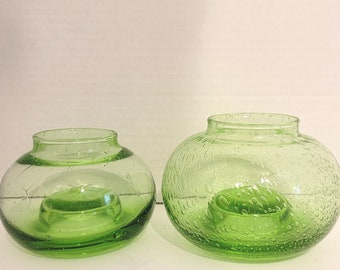 Pair of Green Blown Glass Votive Candle Holders