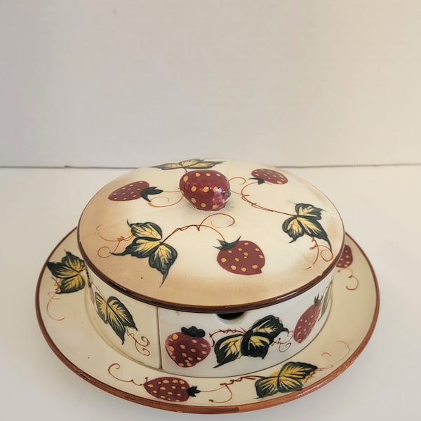 Vintage Fred Roberts / California Made In Japan / Divided Ceramic Marmalade Set / Strawberries