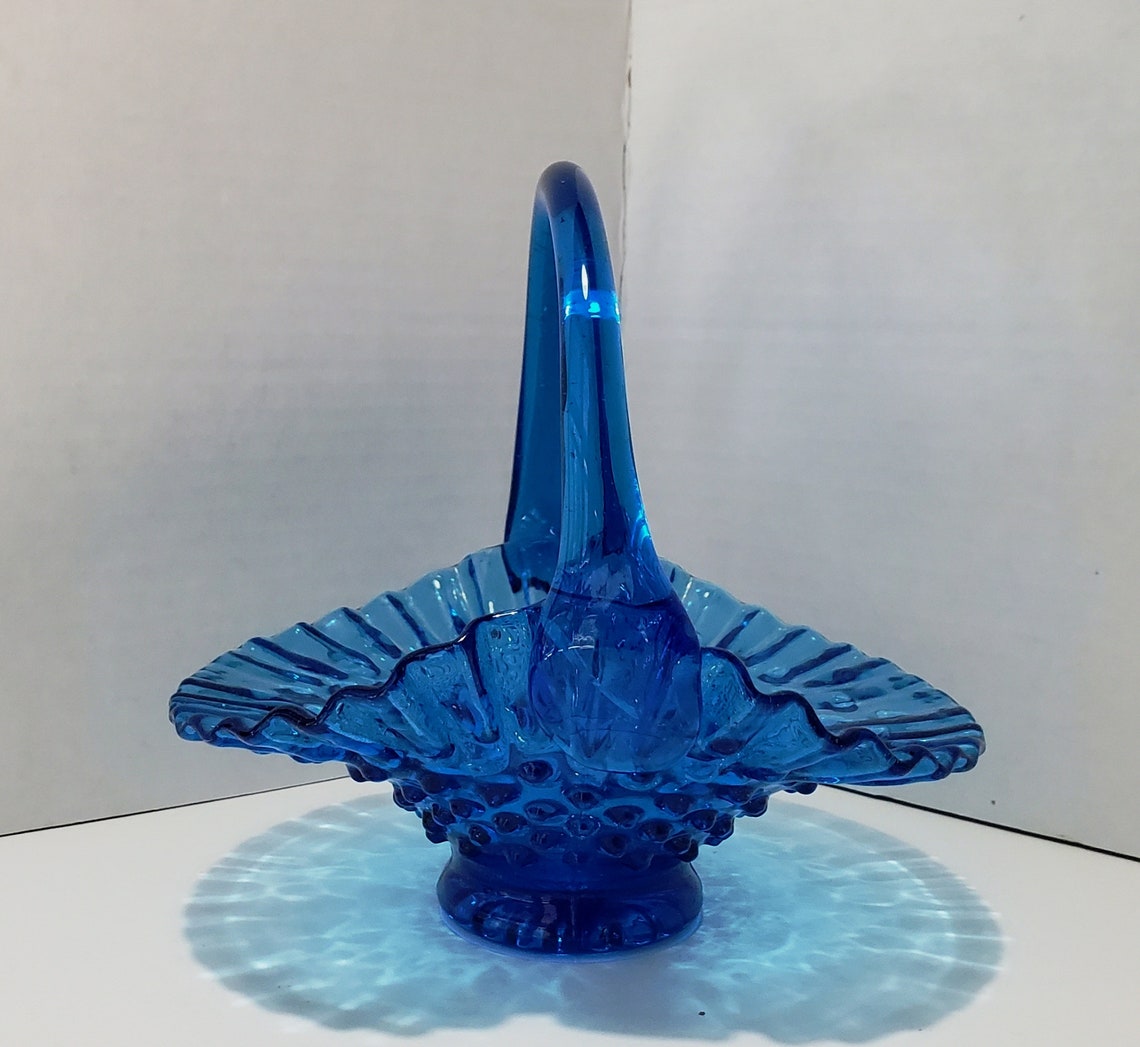 Small Vintage Blue Hobnail Fenton Glass Basket Etsy