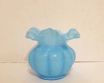 Fenton Art Glass 5" Blue Overlay Ruffled Bulb Vase