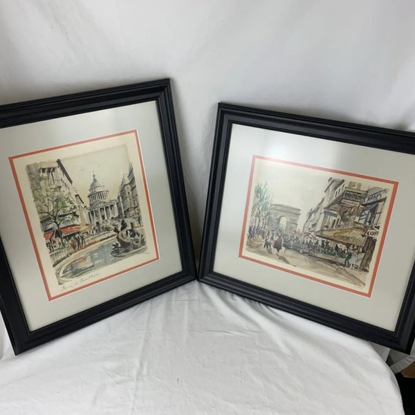 Vtg Franz Herbelot Paris Watercolor Framed Signed Numbered Lithographs - lot of 2