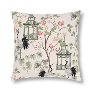 Chinoiserie outdoor pillows, Waterproof pillows with Light pink pagoda and cranes, square pillows 16x16, 18x18, 20x20, 26x26