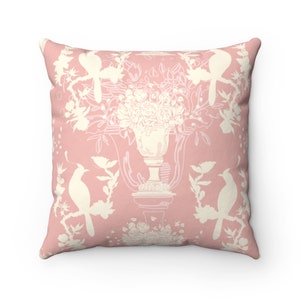 Pink Chinoiserie Pillow Cover: Pheasant Bird Floral Design