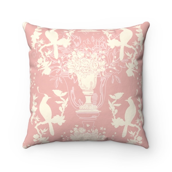 Pink Chinoiserie pillows and pillow covers with Pheasant bird Chinoiserie, square and lumbar pillows 14x14 , 16x16, 18x18, 20x20, 14x20