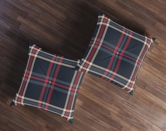 Large floor pillow seating with a tartan plaid pattern, Large Floor cushion in square and circular shape