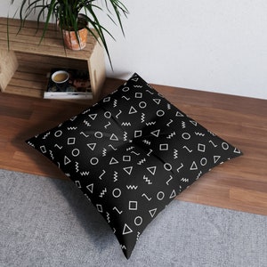 Large floor cushion with black and white seamless geometric background, Large floor pillow seating in square and circular shape