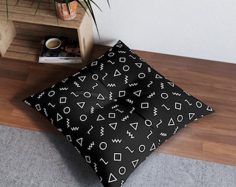 Large floor cushion with black and white seamless geometric background, Large floor pillow seating in square and circular shape