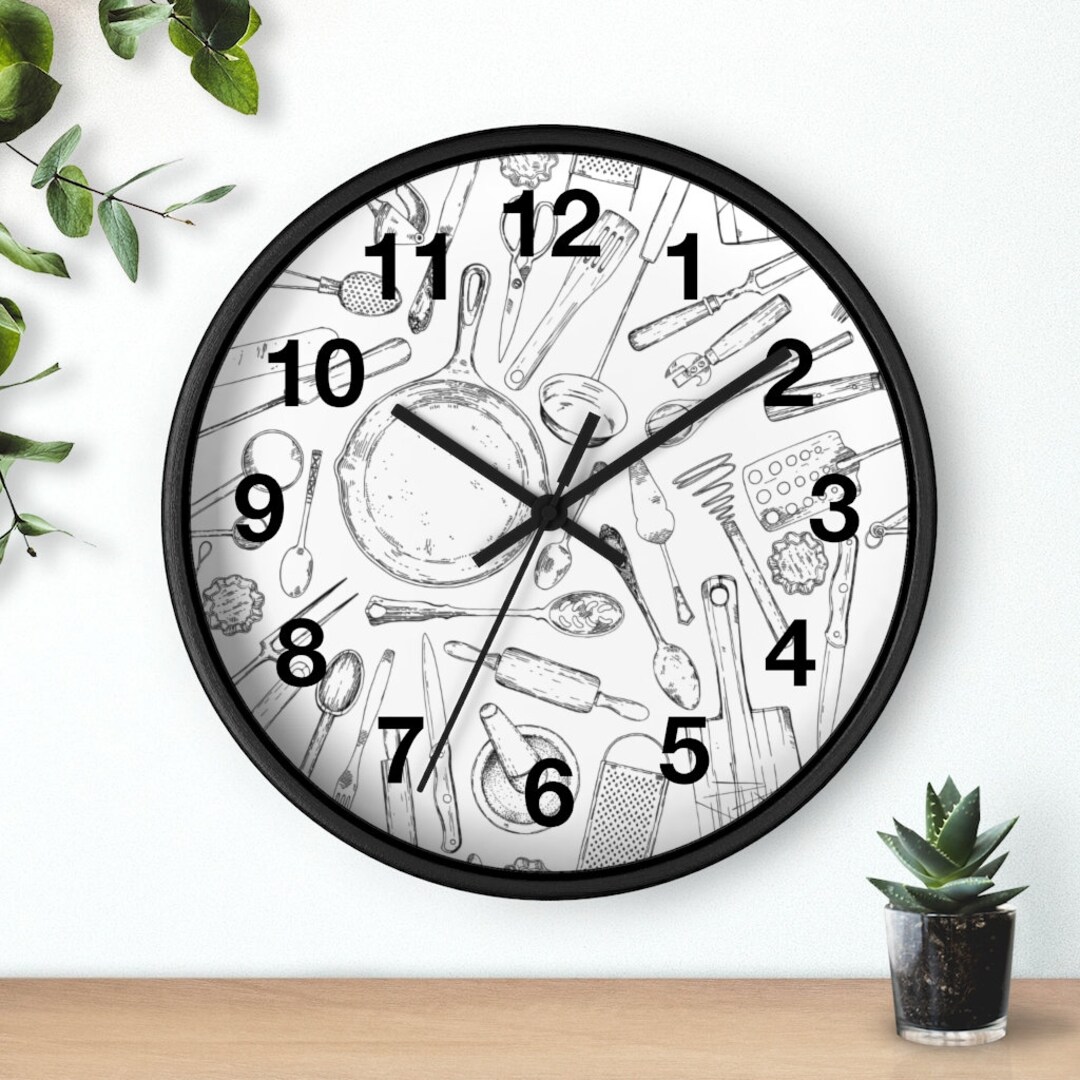 Kitchen Decor Wall Clock With Utensil Prints Farmhouse Decor Etsy