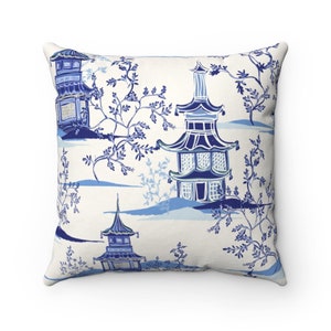 Chinoiserie pillow covers and pillows, blue and white pillow, Blue Pagoda and floral design on square and lumbar Throw pillows