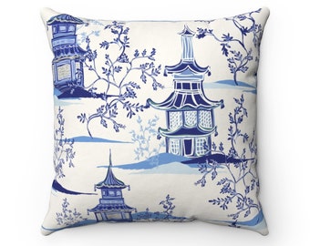 Chinoiserie pillow covers and pillows, blue and white pillow, Blue Pagoda and floral design on square and lumbar Throw pillows