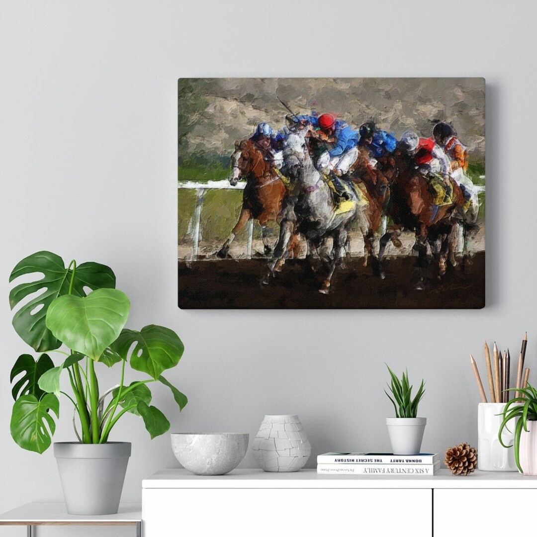 Horse Racing Art Print on Small and Large Canvas Gallery Wrap, Ready to