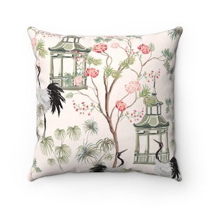 Chinoiserie pillows and pillow covers, Light pink pagoda and cranes,  square and lumbar pillows 14x14 , 16x16, 18x18, 20x20, 14x20