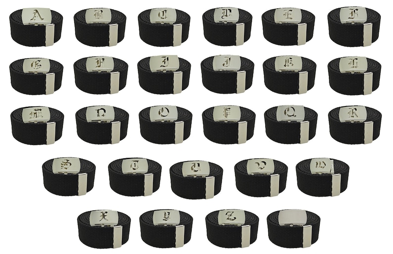 Old English Initial A-Z, Plain Canvas Military Black Web Belt & Big Silver Buckle 48",54",60",72 inches image 1