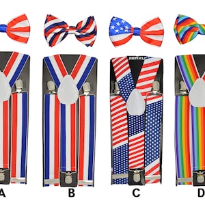 USA Flag Wide Adjustable Braces Match Color Suspender Bow tie Set Elastic