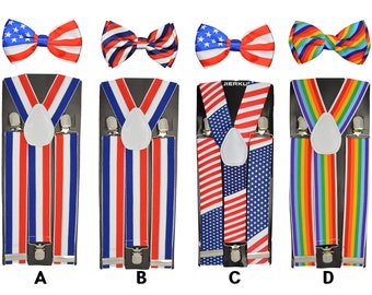 USA Flag Wide Adjustable Braces Match Color Suspender Bow tie Set Elastic