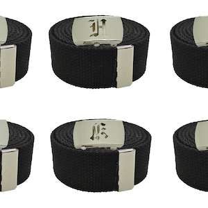 Old English Initial A-Z, Plain Canvas Military Black Web Belt & Big Silver Buckle 48",54",60",72 inches image 3