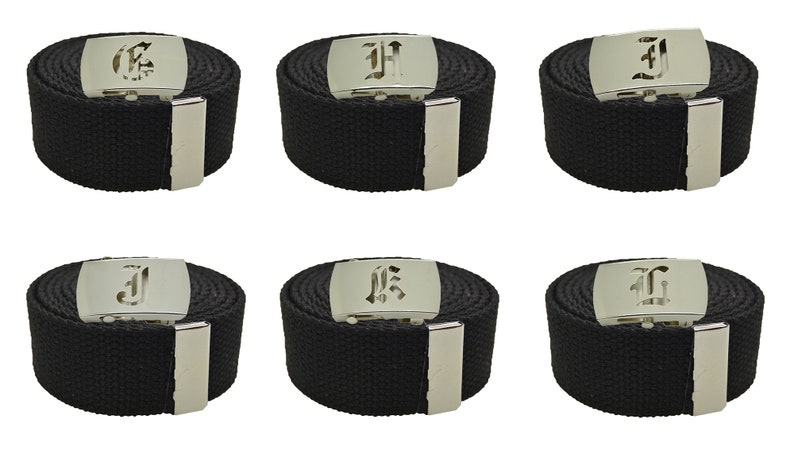 Old English Initial A-Z, Plain Canvas Military Black Web Belt & Big Silver Buckle 48",54",60",72 inches image 3