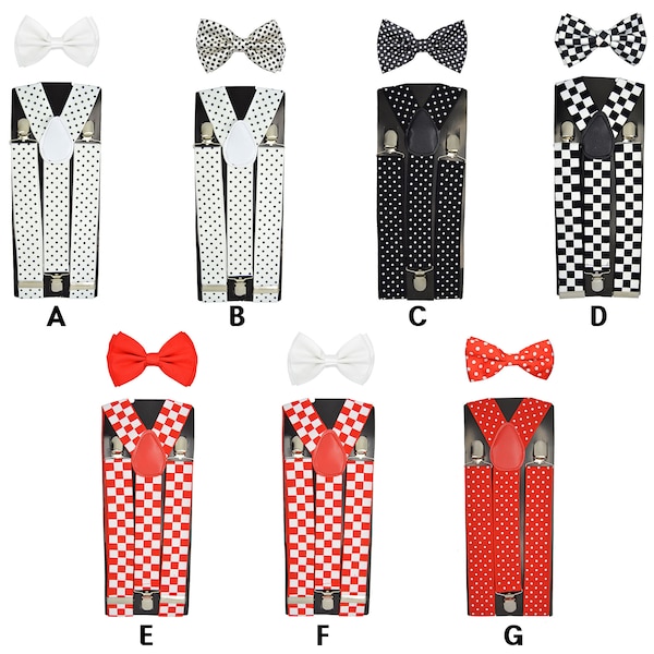 Wide Adjustable Braces Match Polka dot Checker Suspender Bow tie Set Elastic