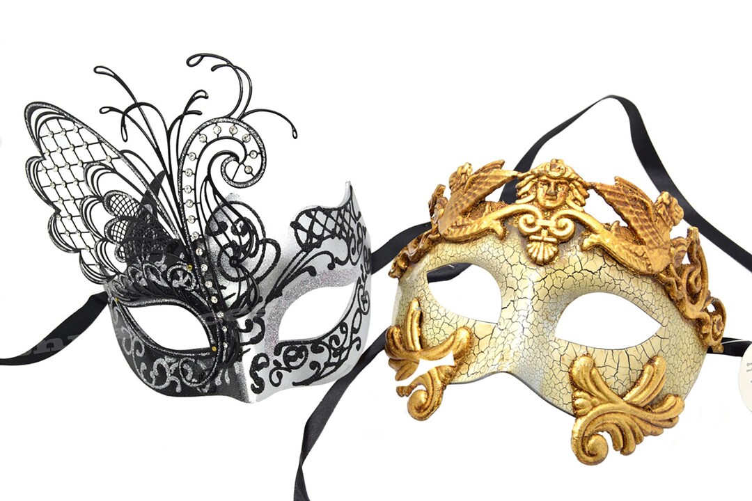 Couple Men Women Black Laser Cut Filigree Silver Glitter Roman