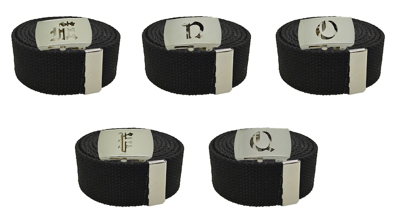 Old English Initial A-Z, Plain Canvas Military Black Web Belt & Big Silver Buckle 48",54",60",72 inches image 4