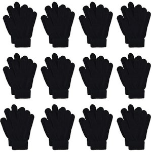 May include: Twelve pairs of black knit gloves. The gloves are fingerless and have a ribbed texture.