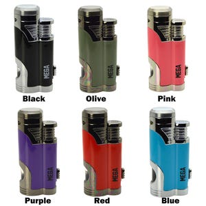 May include: A collection of six MEGA lighters in various colors: black, olive, pink, purple, red, and blue. Each lighter has a metallic finish, a silver top, and the word "MEGA" printed on the side.
